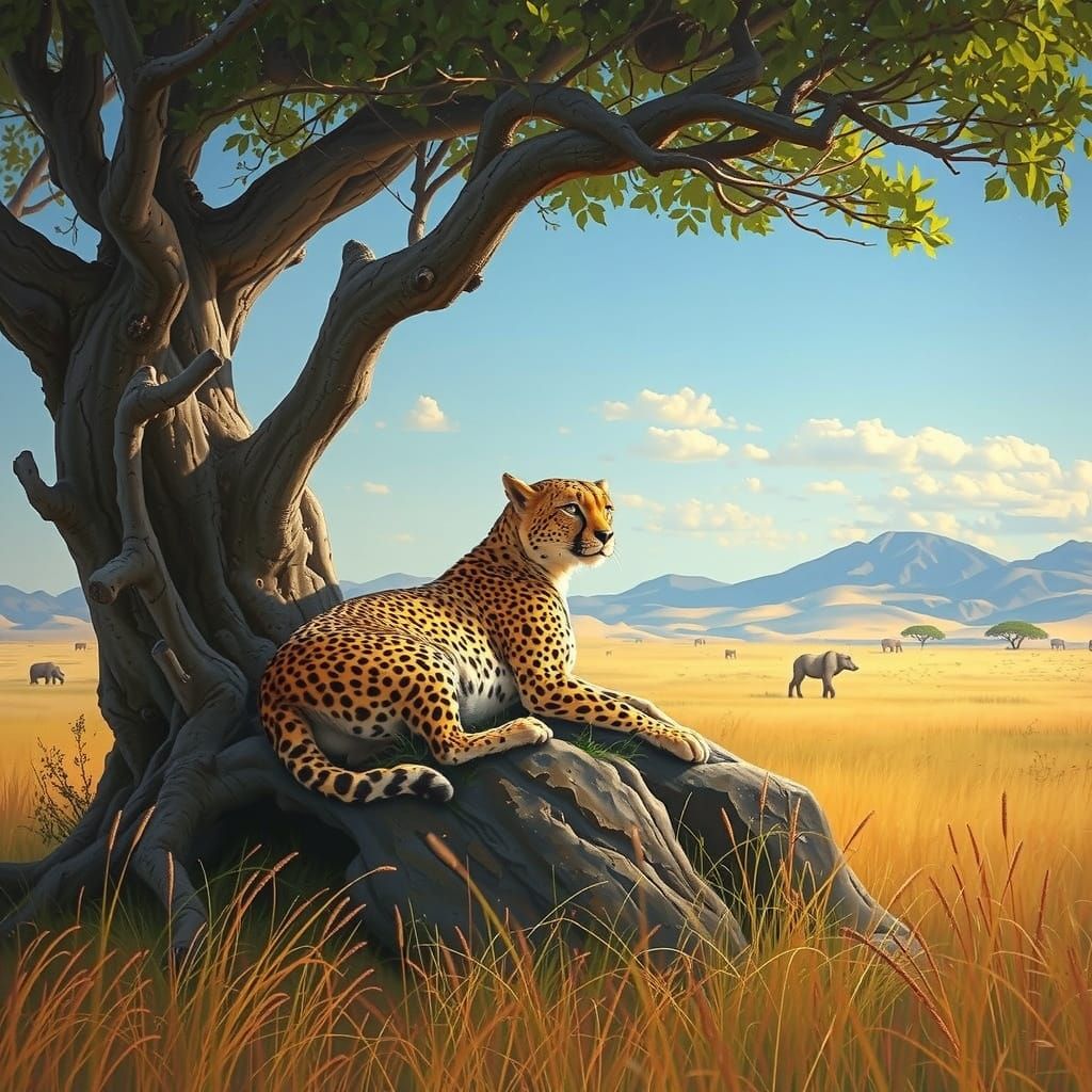 Serengeti Sunset Cheetah in Oil Painting Style