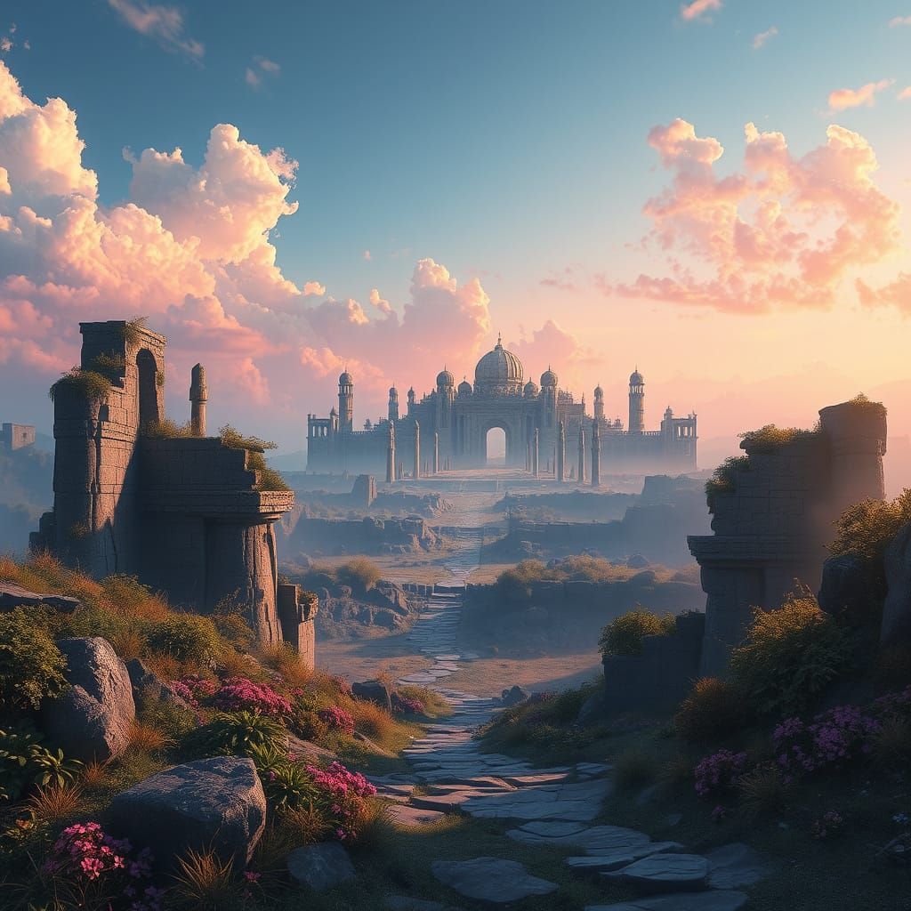 Dreamlike Ruins in a Vibrant, Gradient Sky