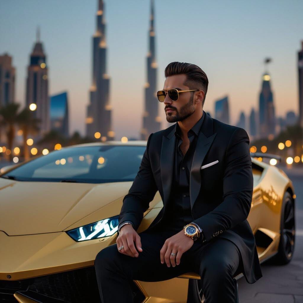 Stylish Man in Black Suit on Lamborghini with Dubai Skyline