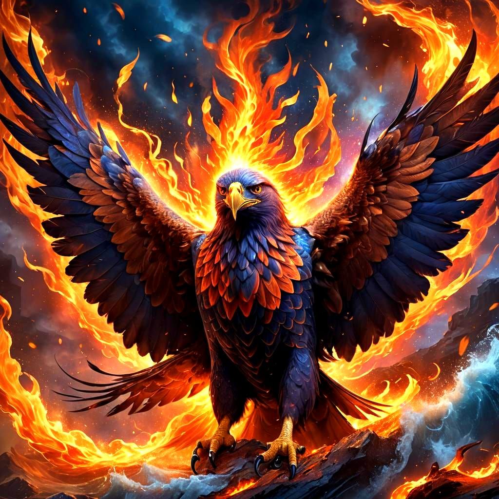 Majestic Fire Eagle Soaring Through Stormy Skies