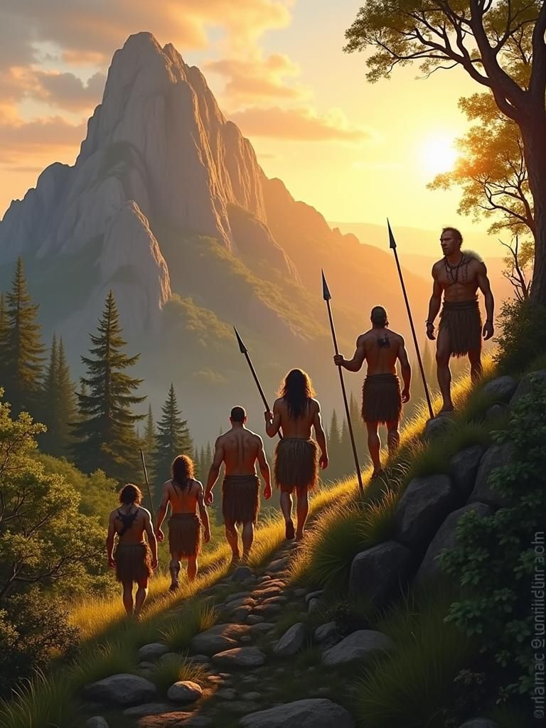 Cavemen Warriors Climb Forested Mountain at Sunset