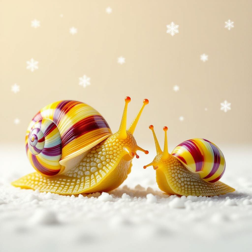 Corn Snail and Yellow Snail on Snow