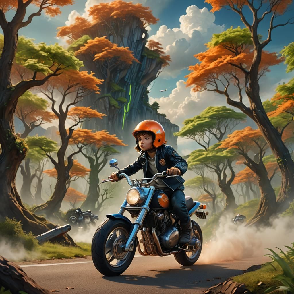 Fantasy Motorcycle Ride: Matte Painting of Boy on Bike