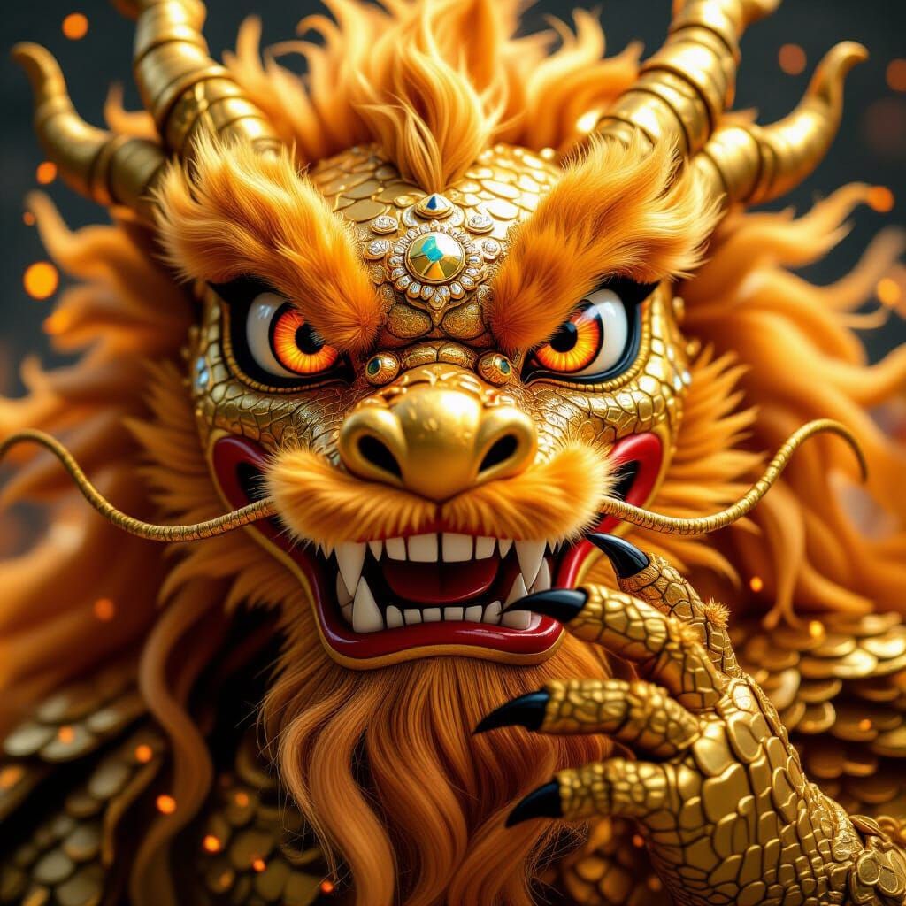 Golden Dragon Man Portrait with Fire Fractals