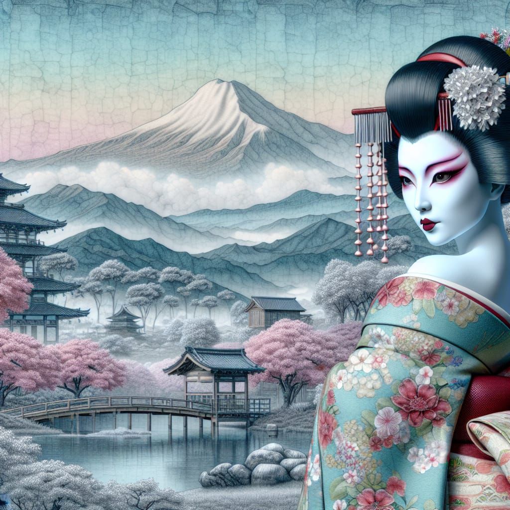 Geisha, 3d, japanese scenery, oil ink airbrushing