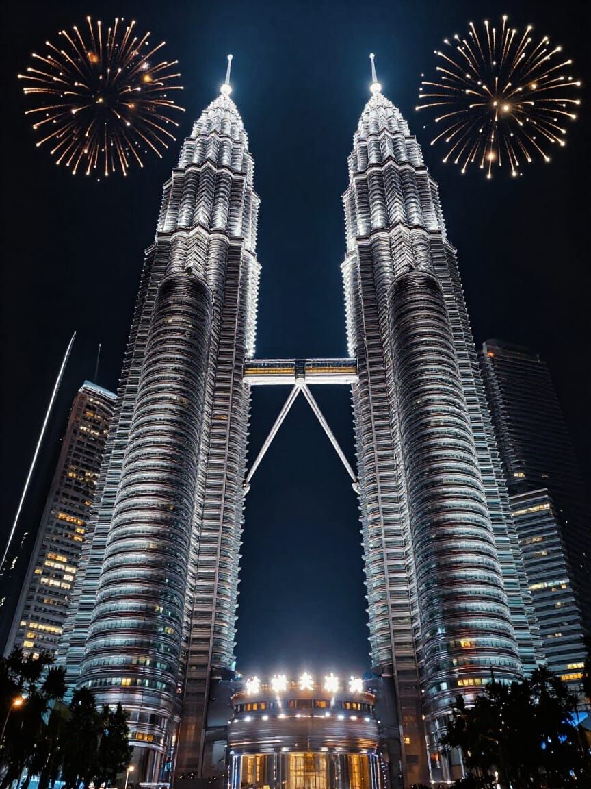 Petronas Towers New Year Fireworks in Minecraft Style