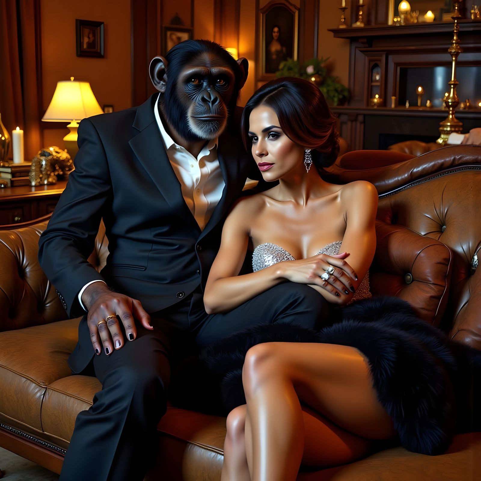 Chimpanzee on Sofa with Loving Partner in Cozy Living Room