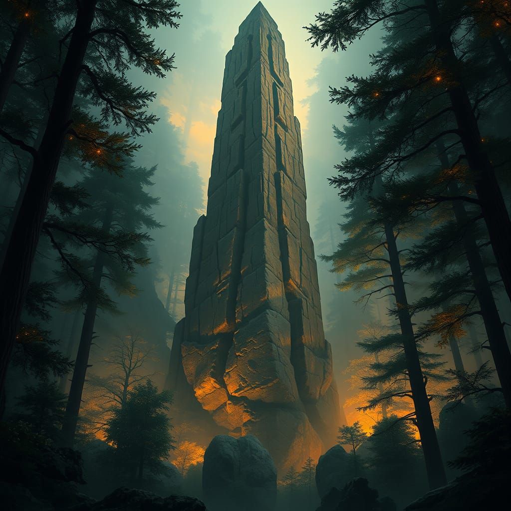 Mystical Spire Rises from Primeval Forest in Earthy, Jewel-T...