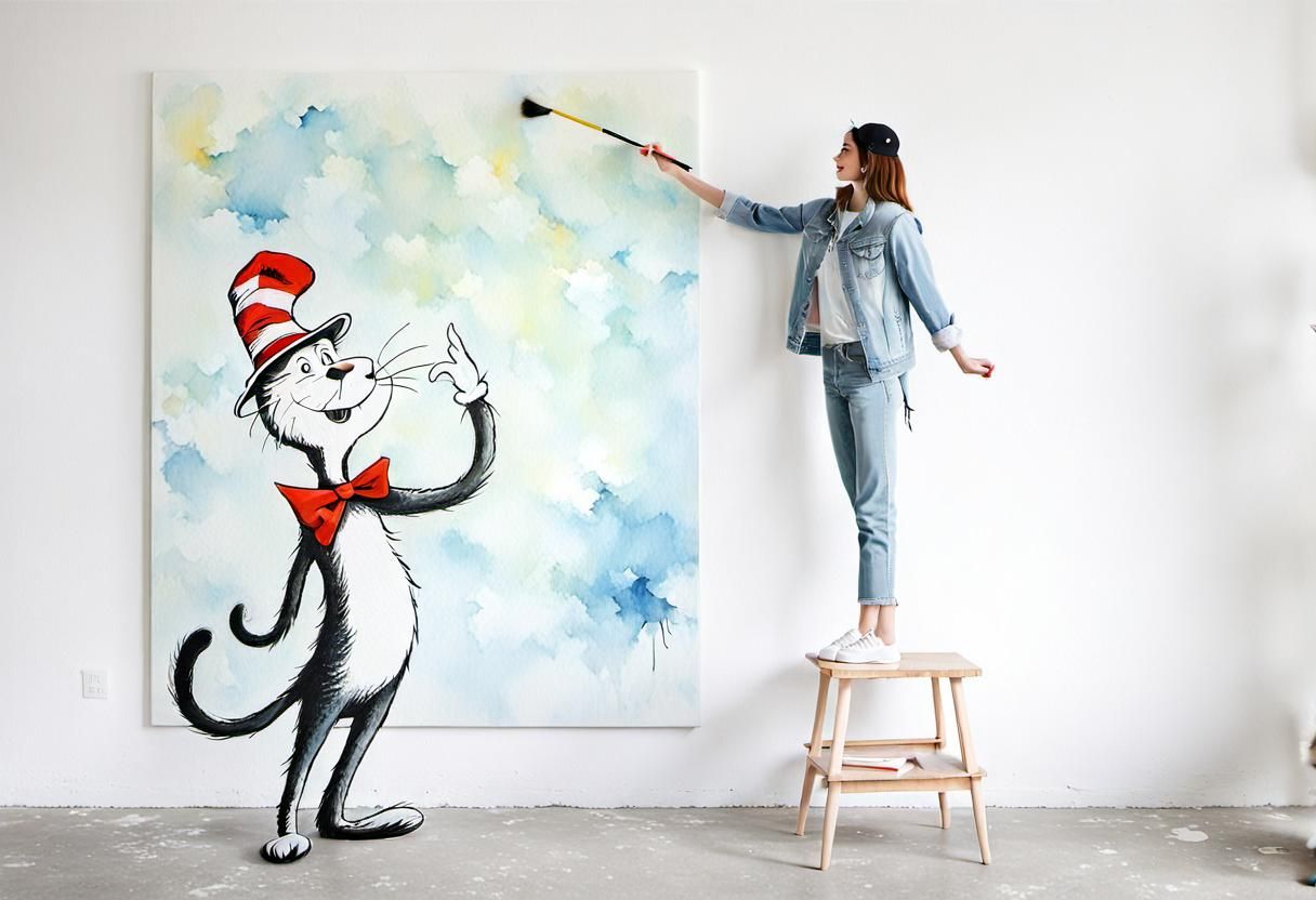 Whimsical Painting of Girl and Cat in Hat
