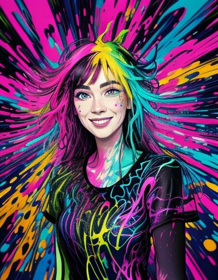 Vibrant Woman in Neon Splatter Paint Style