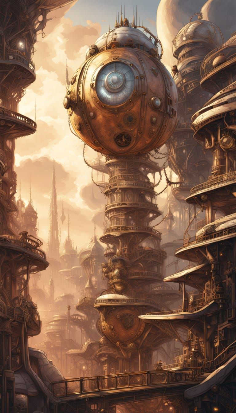 Amano-Inspired Tower of Wrecked Wonders in Vibrant Steampunk...