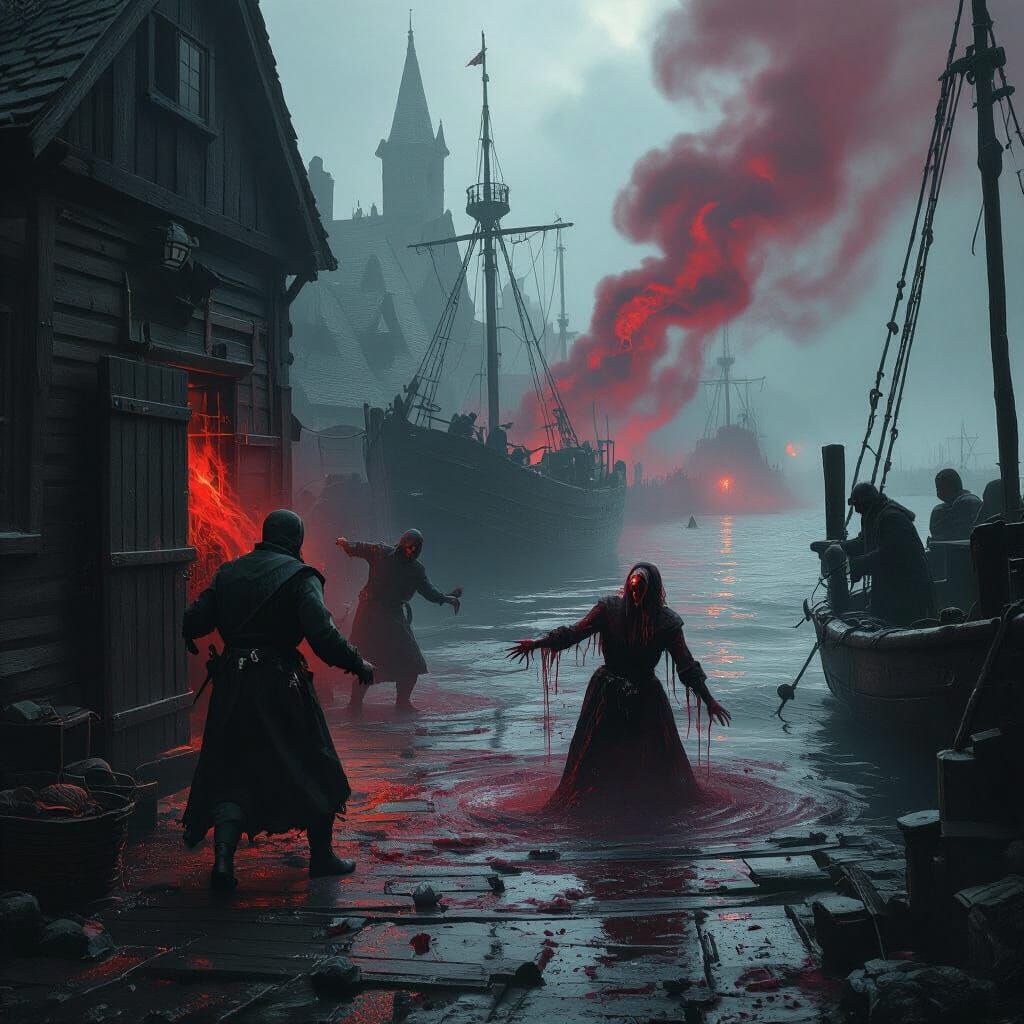 Gothic Medieval Docks Panic as Crimson Mist Rises