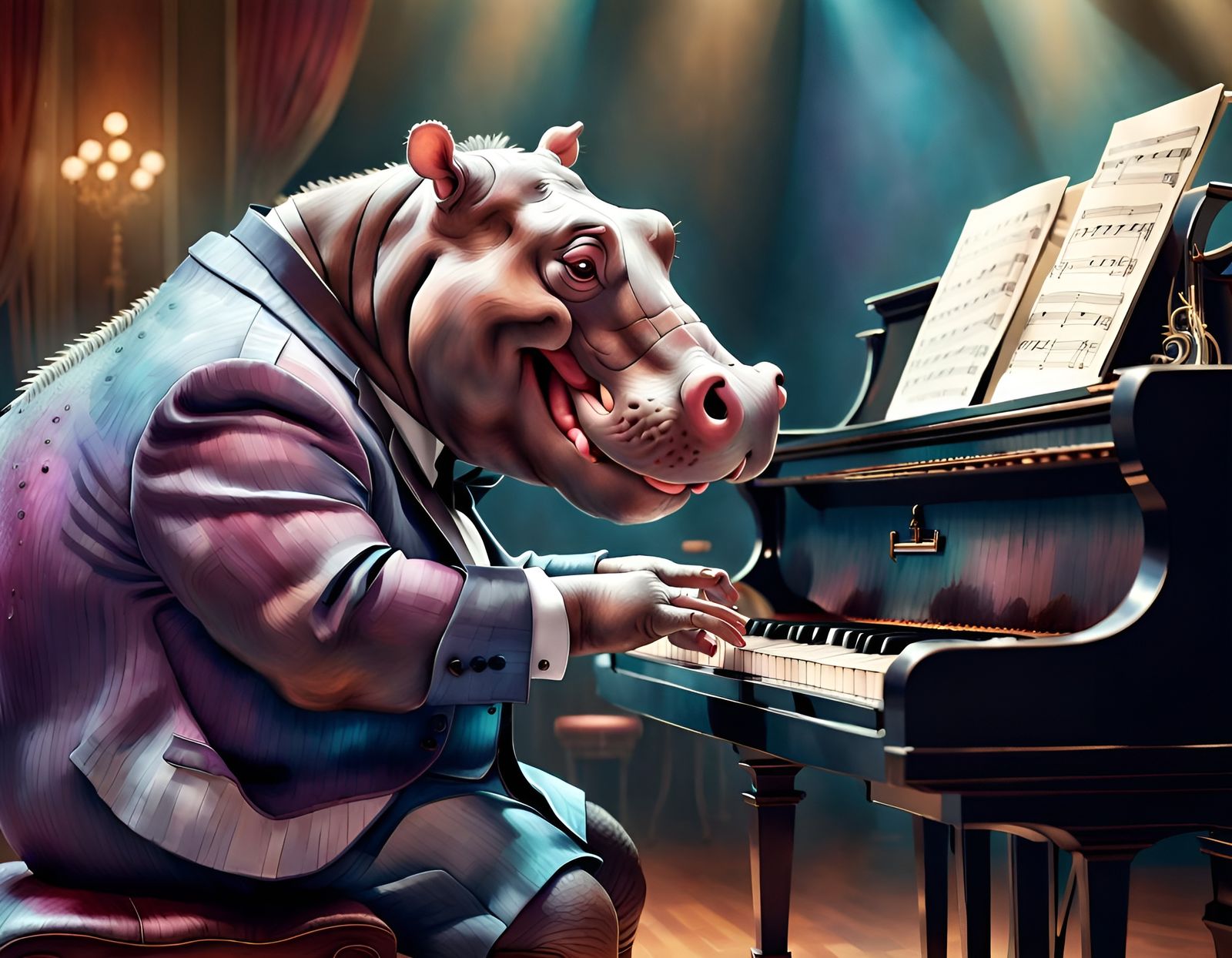 Elegant Hippo Plays Piano: Digital Watercolor Art