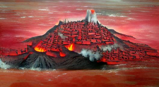 Volcanic Cityscape with Fiery Glow