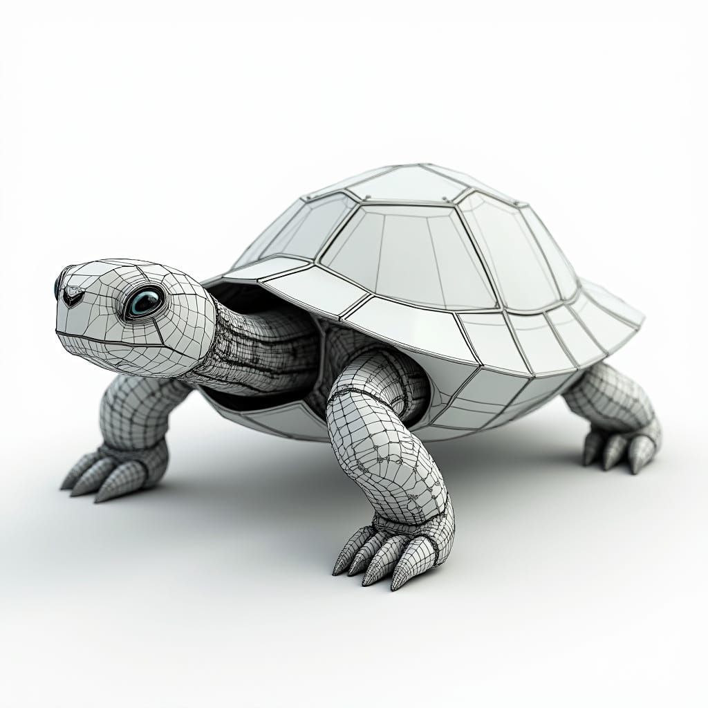 Low-Poly Turtle in Metallic Wireframe