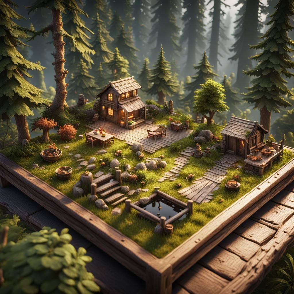 Miniature Forest Cabin on Coffee Table, 3D Render