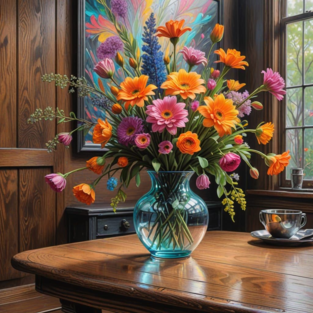 Neon Pastel Flower Sketch in Elegant Vase