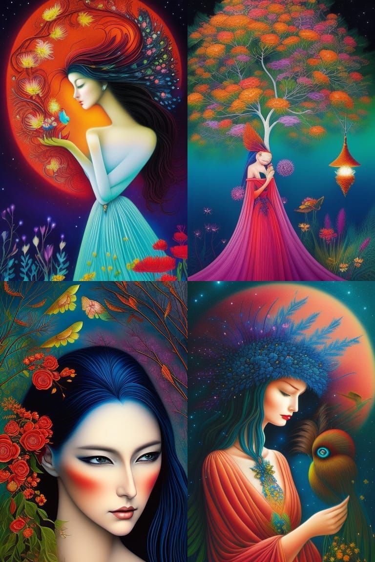 Sad Woman with Birds and Flowers in Magic Realism