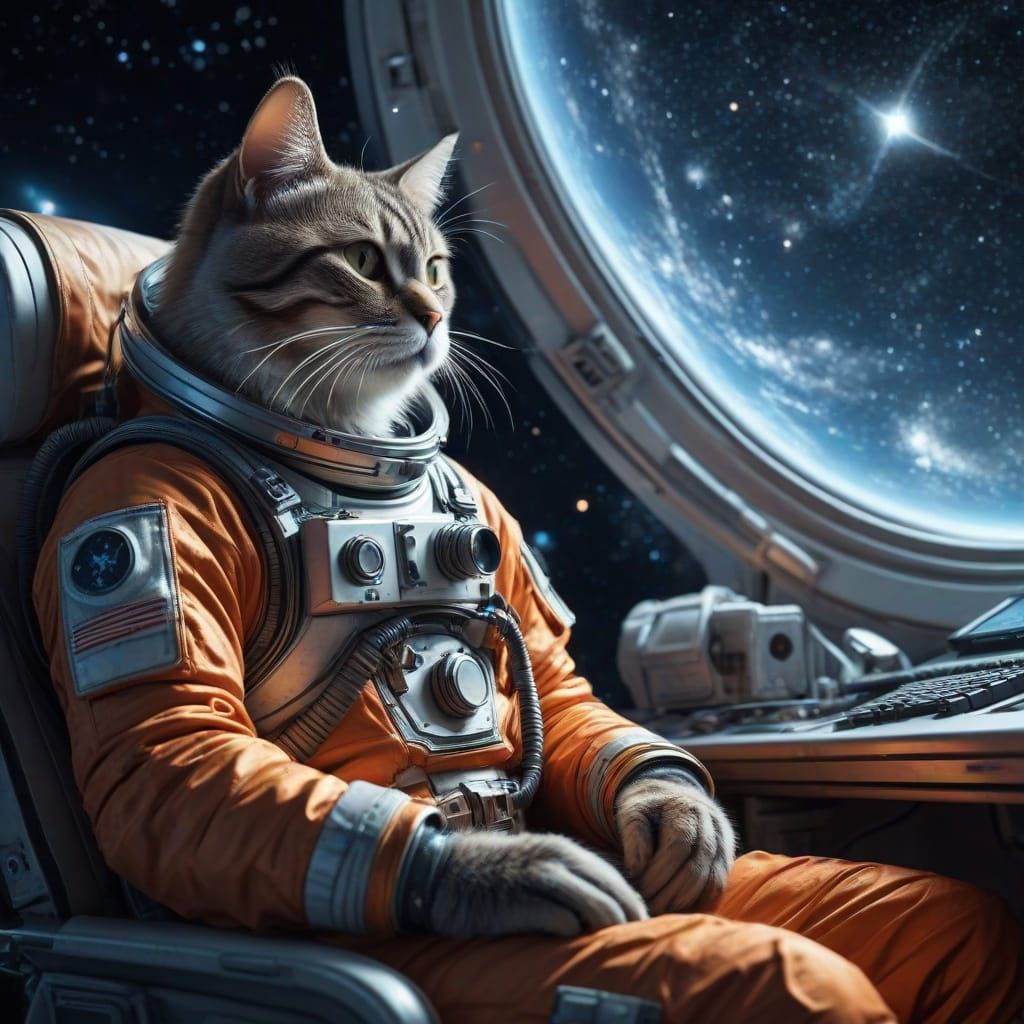 Futuristic Astronaut and Space Cat in Peaceful Starry Night ...