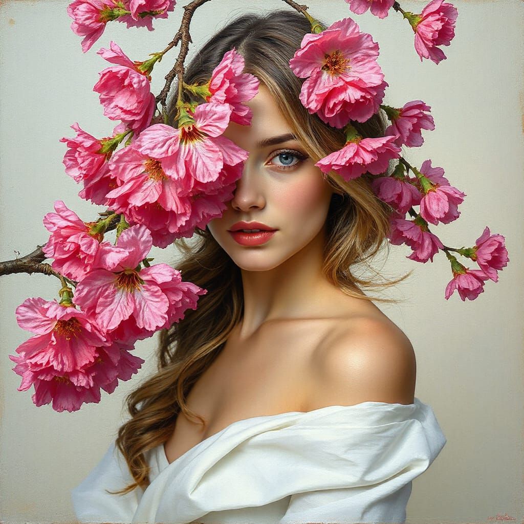 Woman in Blossoms: Art Nouveau Oil Painting