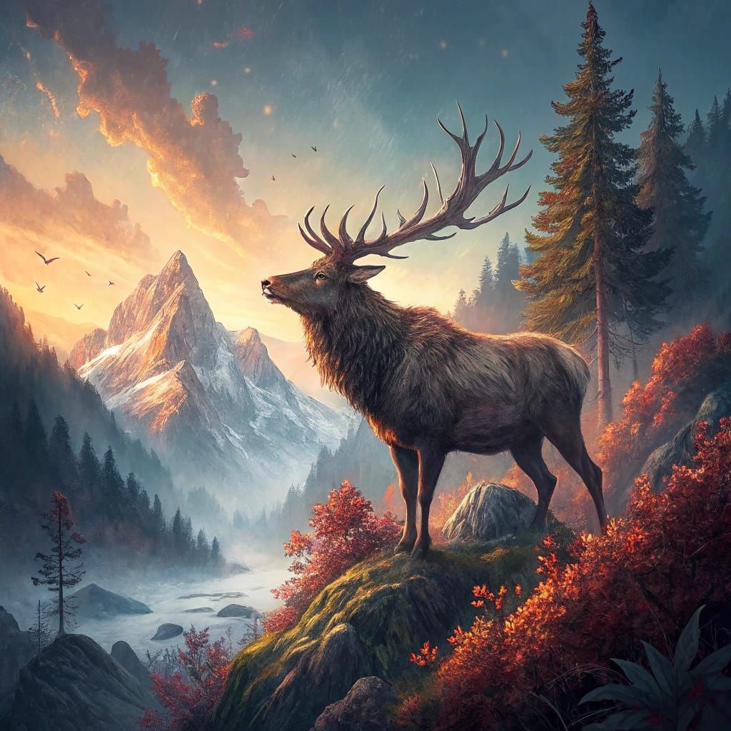 Elk in Misty Mountains: Fantasy Concept Art