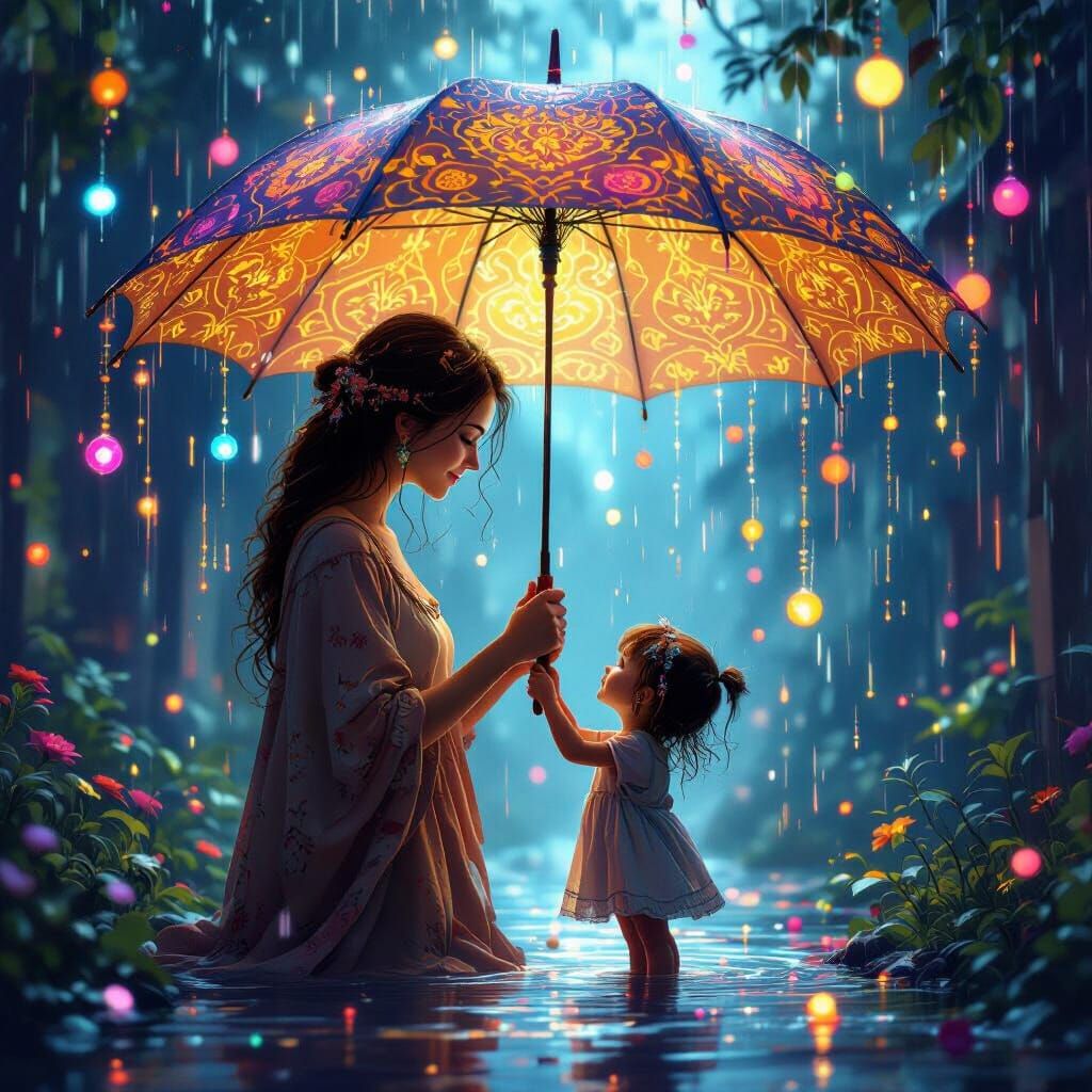 Mother Sheltering Girl from Luminous Orb Rain