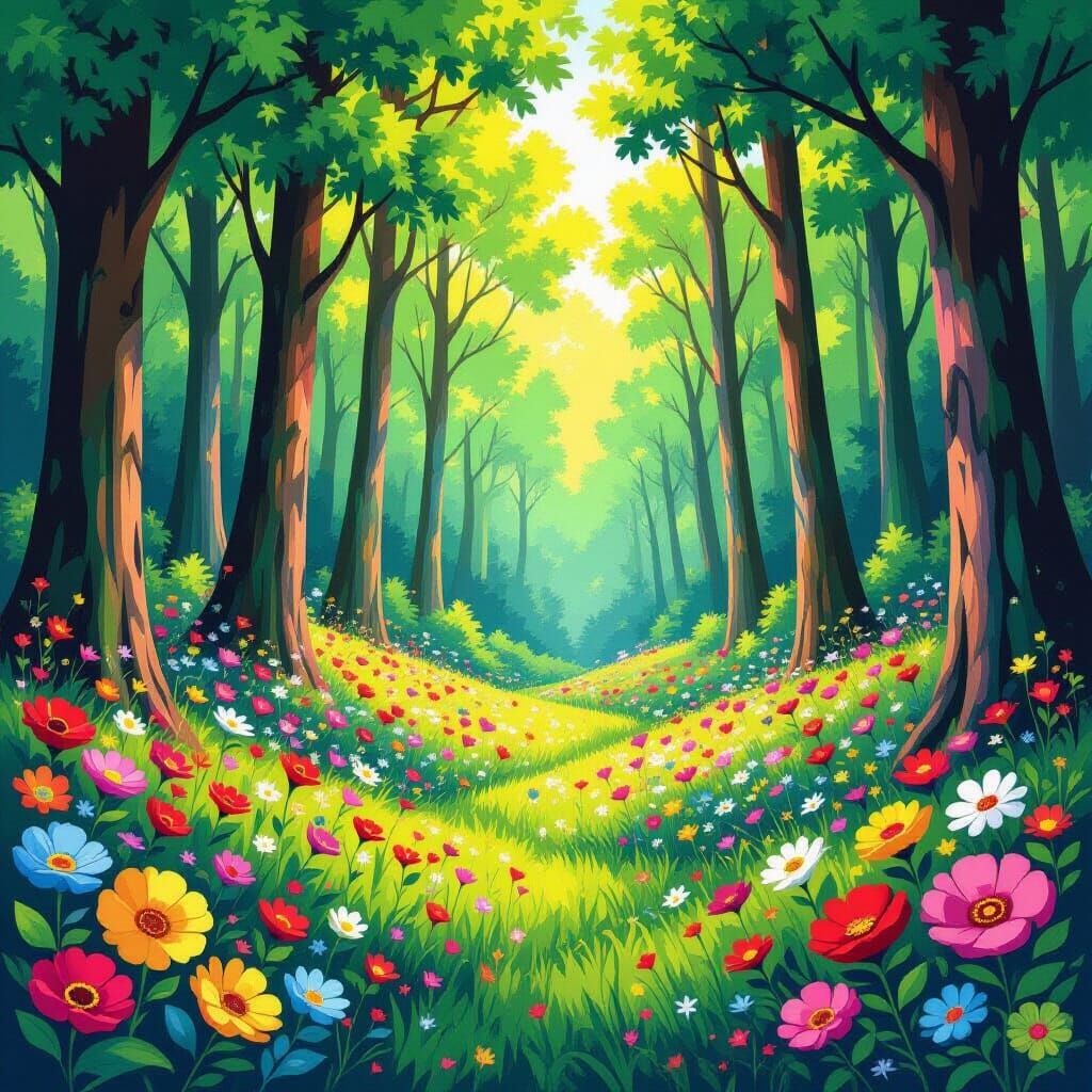 Vibrant Forest with Wildflowers in Superflat Style