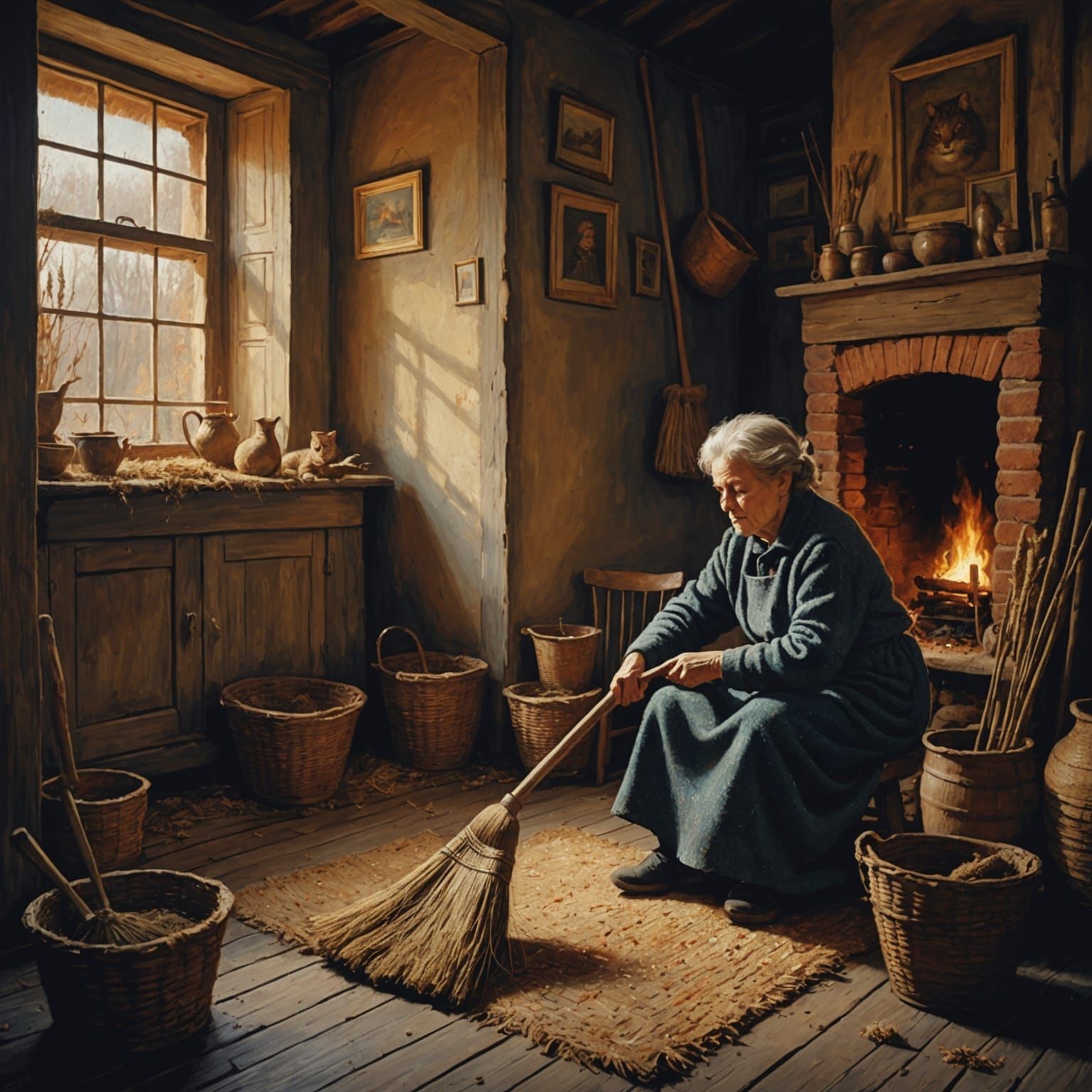 Pointillist Painting: Old Woman Cleaning with Cat