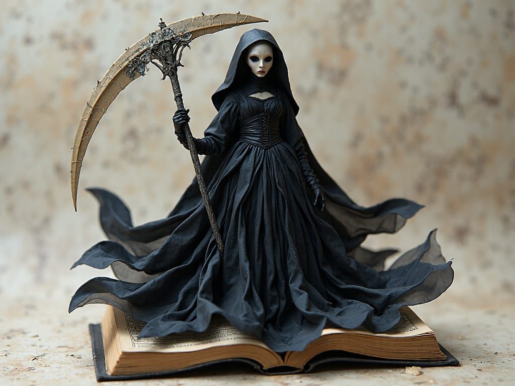 Origami Wednesday Addams with Scythe in Dark Fantasy Style