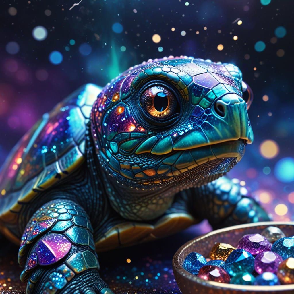 Cosmic Turtle with Gems in Magical Realism Style
