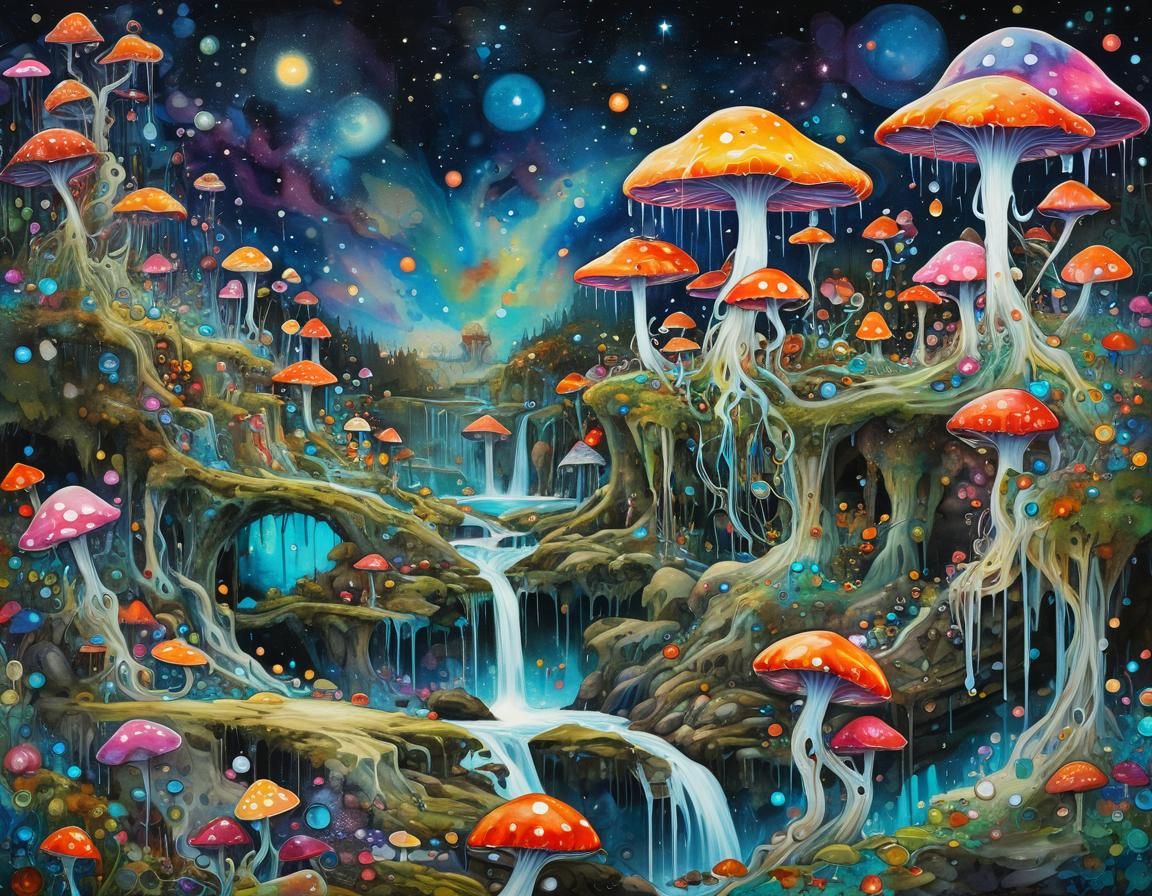 Psychedelic Mushroom Waterfalls in Expressionist Style