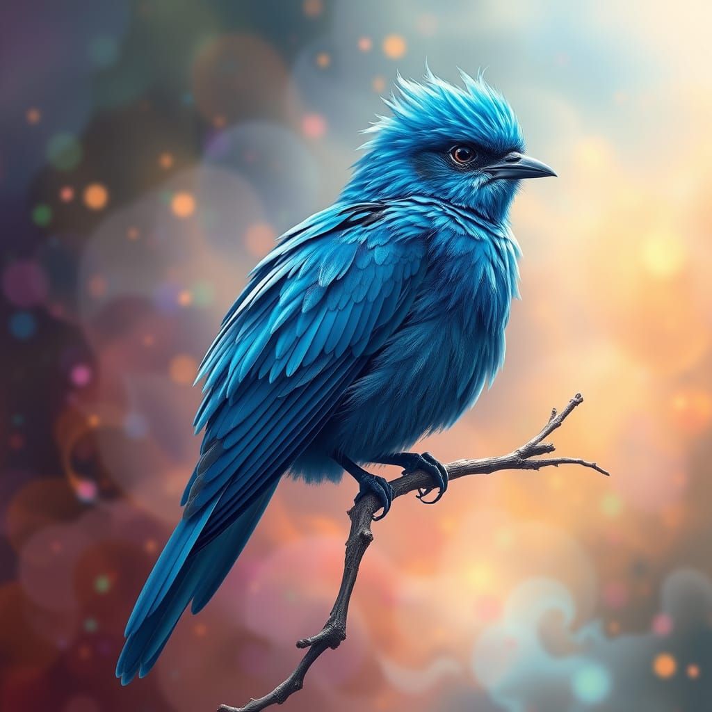 Ethereal Blue Bird in Whimsical Fantasy Landscape