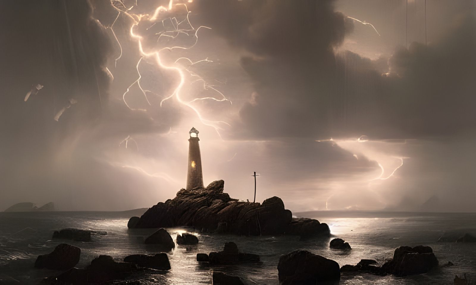 Lighthouse Shines During Thunderstorm Night