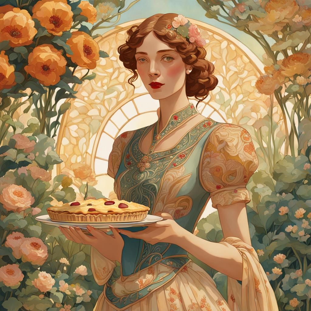 Bejeweled Woman with Pie in Art Nouveau Style