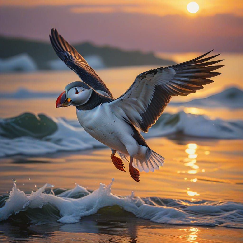 Vibrant Puffin in Sunset Flight