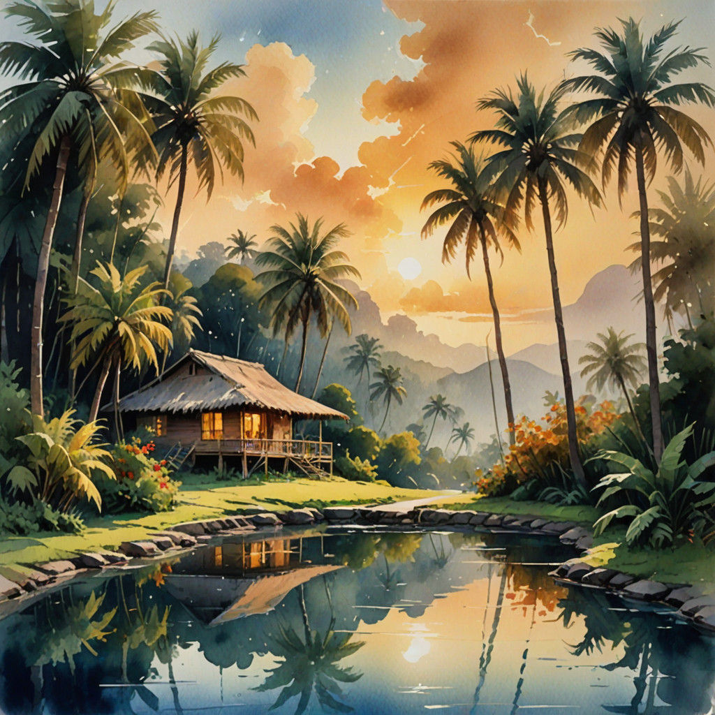 Epic Gouache Masterpiece of a Straw Hut Amidst Palm Trees an...