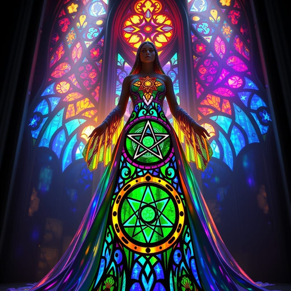 Enchanted Cathedral Gown in Vibrant Stained Glass Style