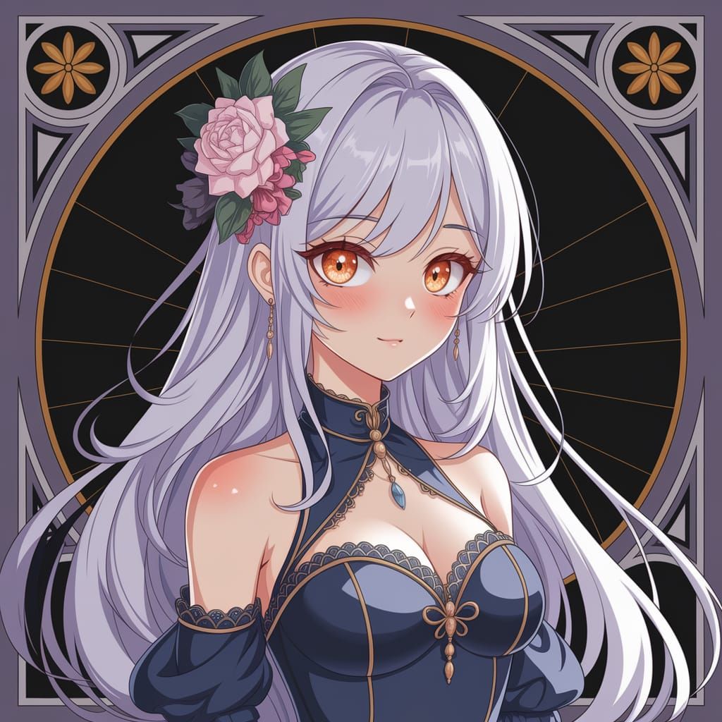 Anime Art Nouveau Girl with White Hair