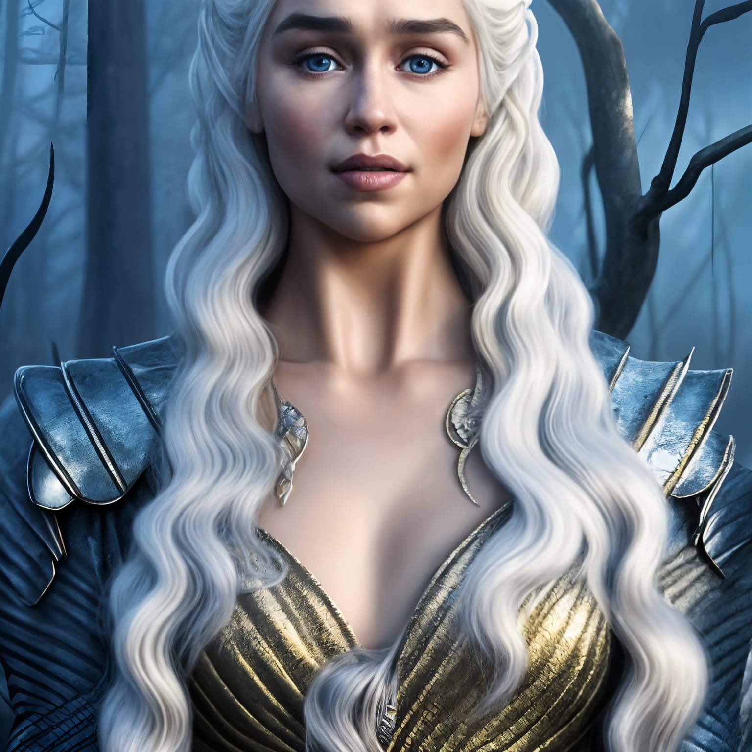 Daenerys Targaryen Portrait in Winter Forest, Detailed Art