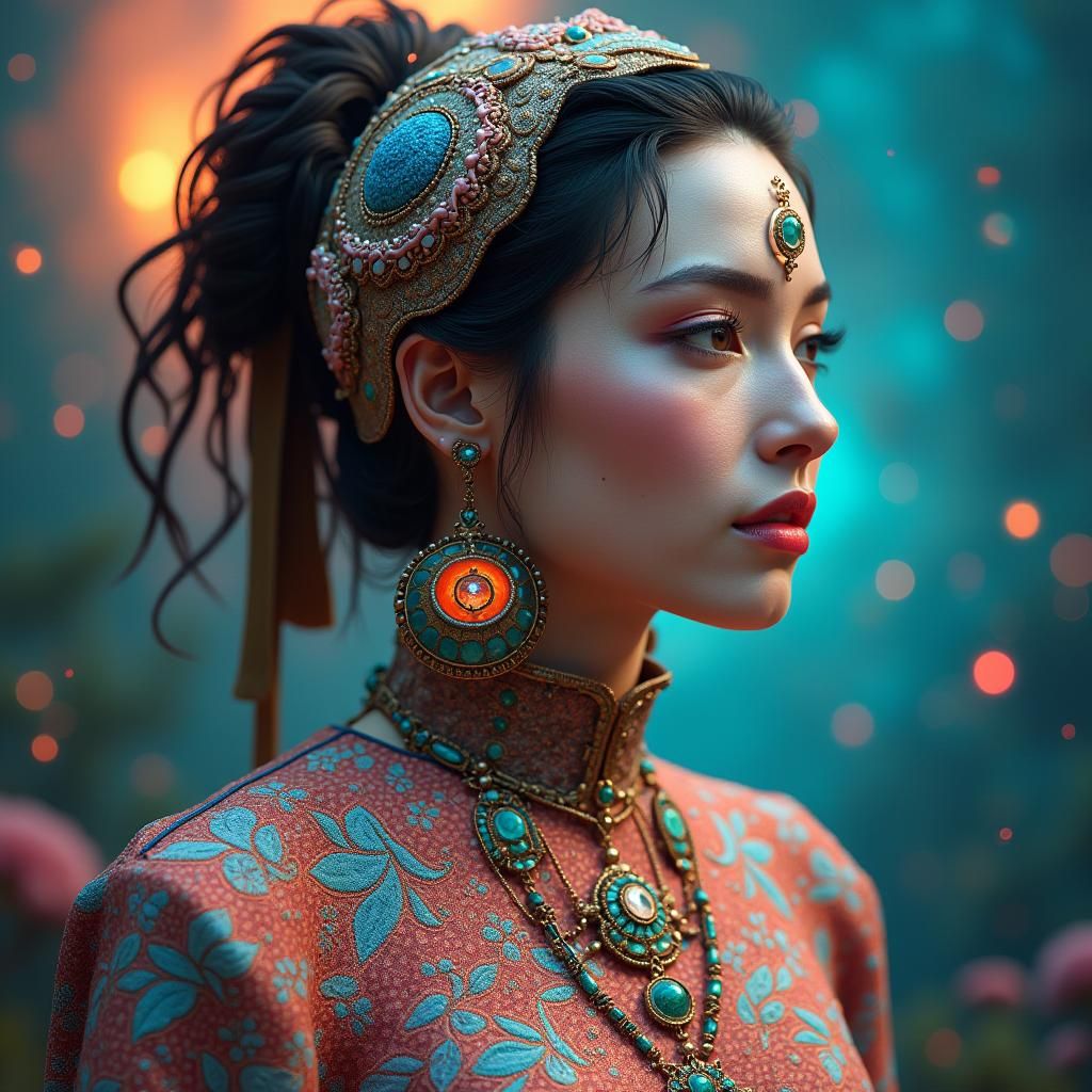Woman in Colorful Clothing and Futuristic Jewelry