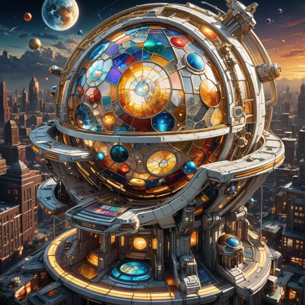 Stained Glass Planetarium in a Sci-Fi Cityscape