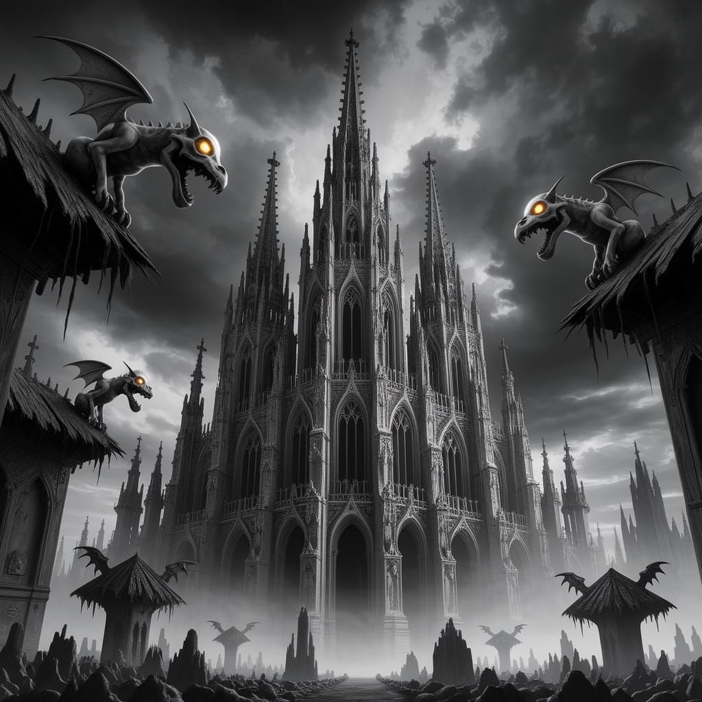 Dark Fantasy Gothic Cathedral in Grayscale