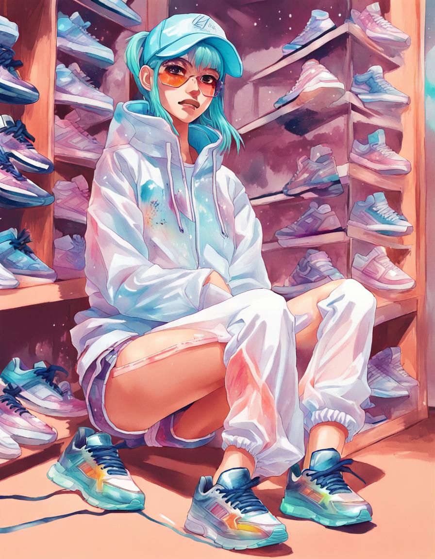 Anime Girl Modeling Sneakers in Liquid Gouache Style