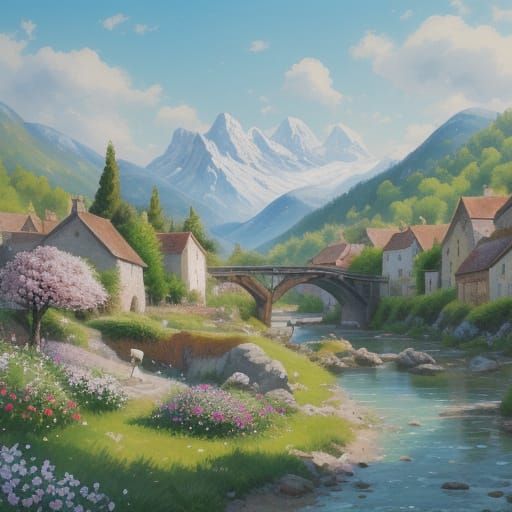 French Village Gouache Painting with Rabbit Family