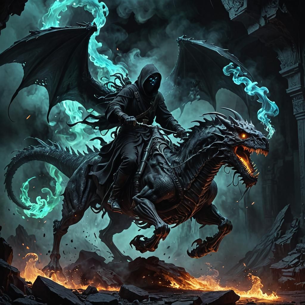 Grim Reaper Rides Dragon of Black Smoke