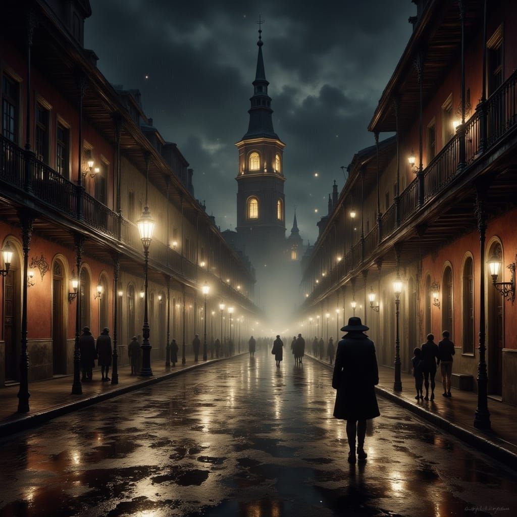 Mysterious French Quarter Streets at Night in Dark Art Style