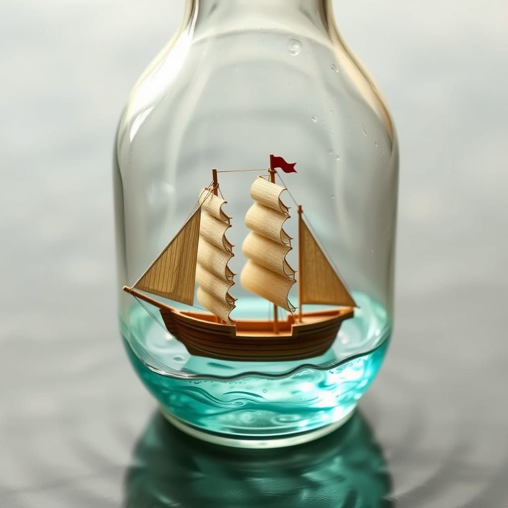 Delicate Wooden Ship in Antique Glass Bottle