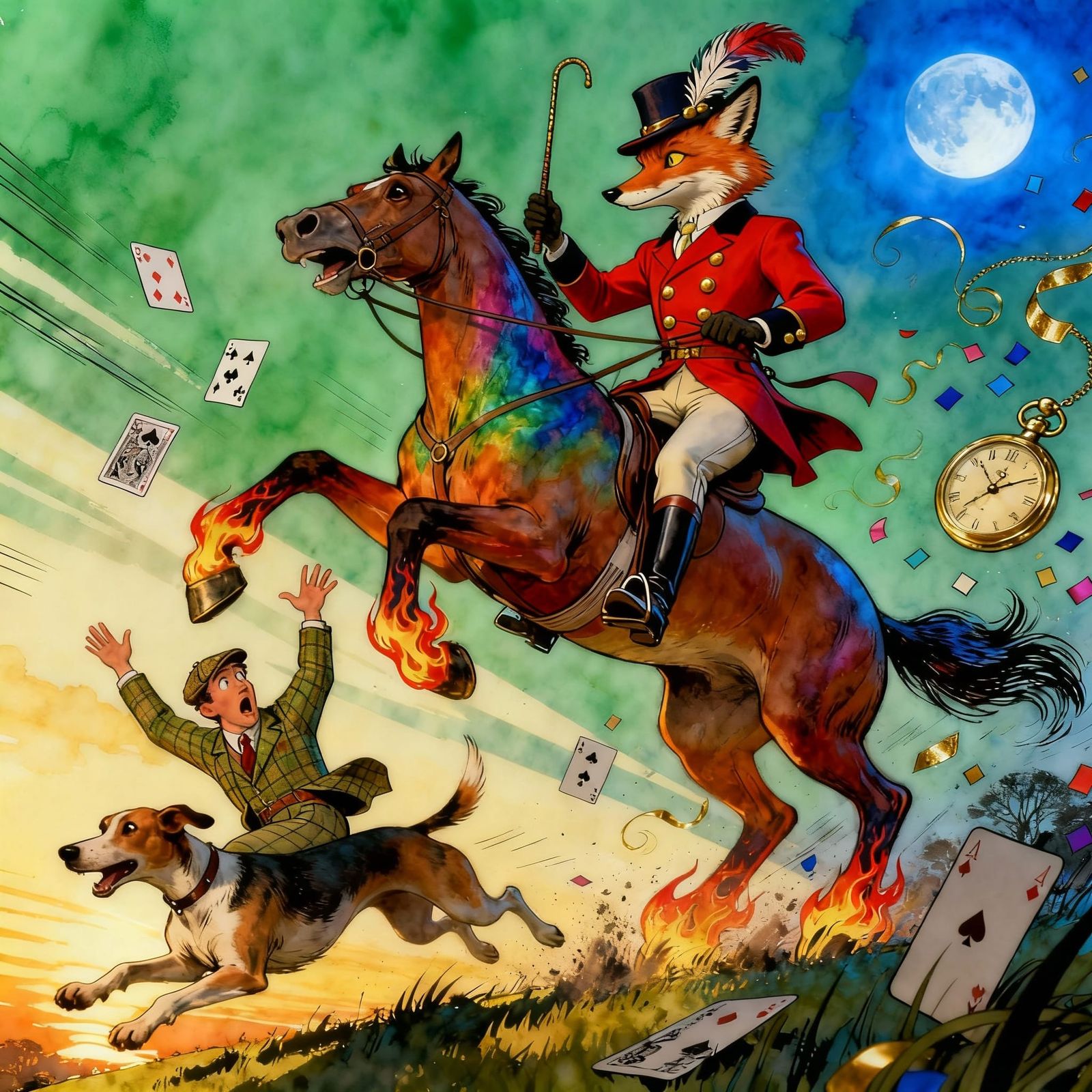 Whimsical Fox Hunting Caricature in Storybook Style