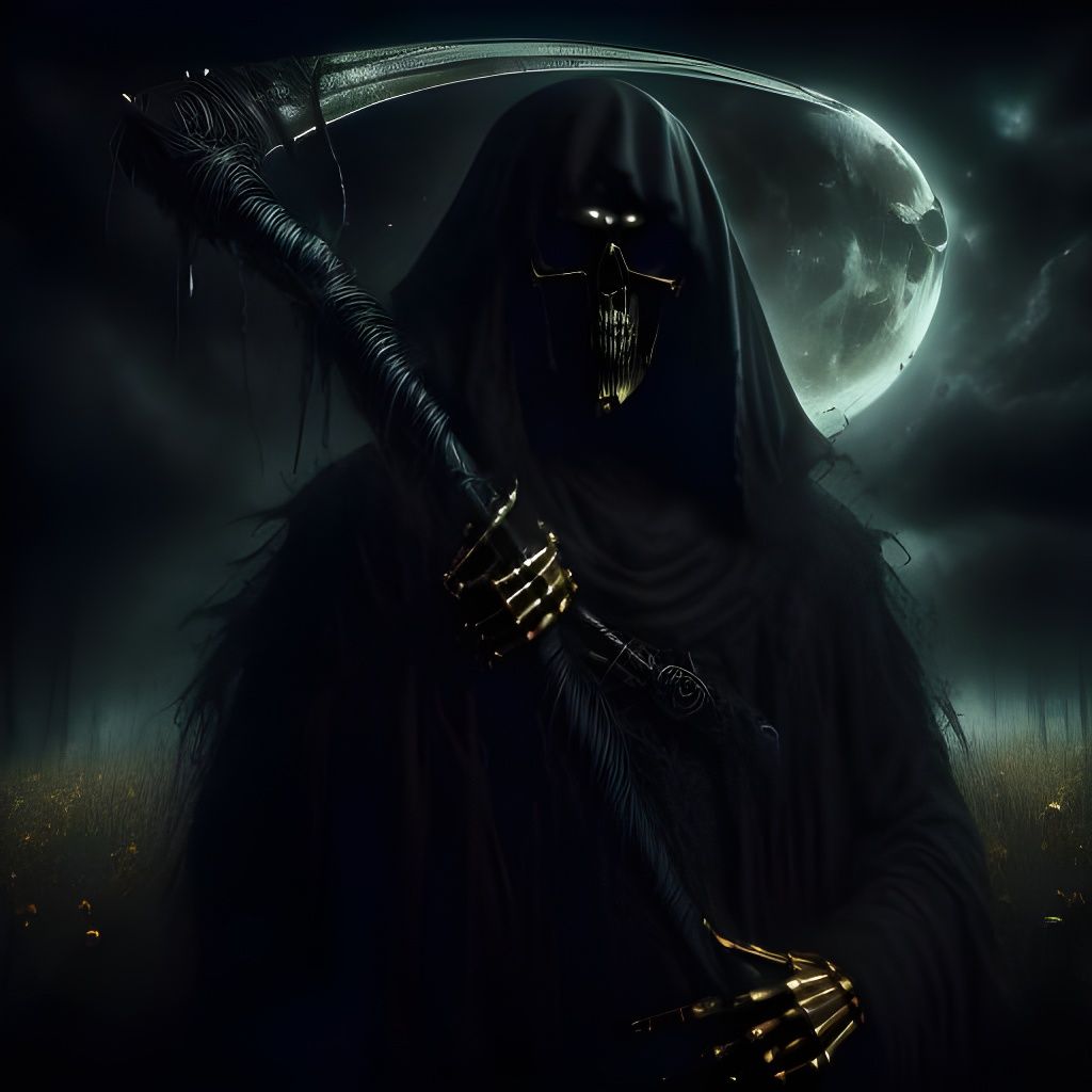 Golden-Eyed Grim Reaper in Gothic Meadow