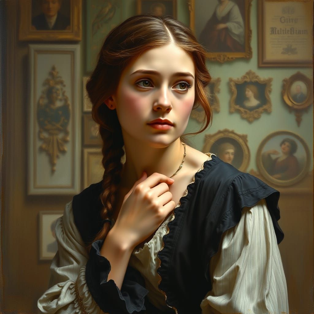 19th Century Young Woman Contemplating in Oil Painting